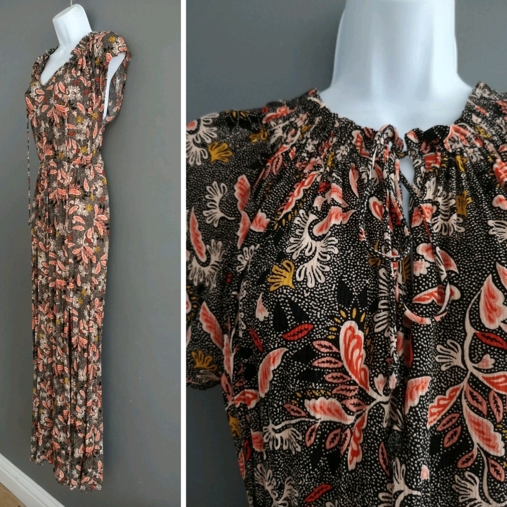 Floral Print Brown Maxi Dress with Tie Neck